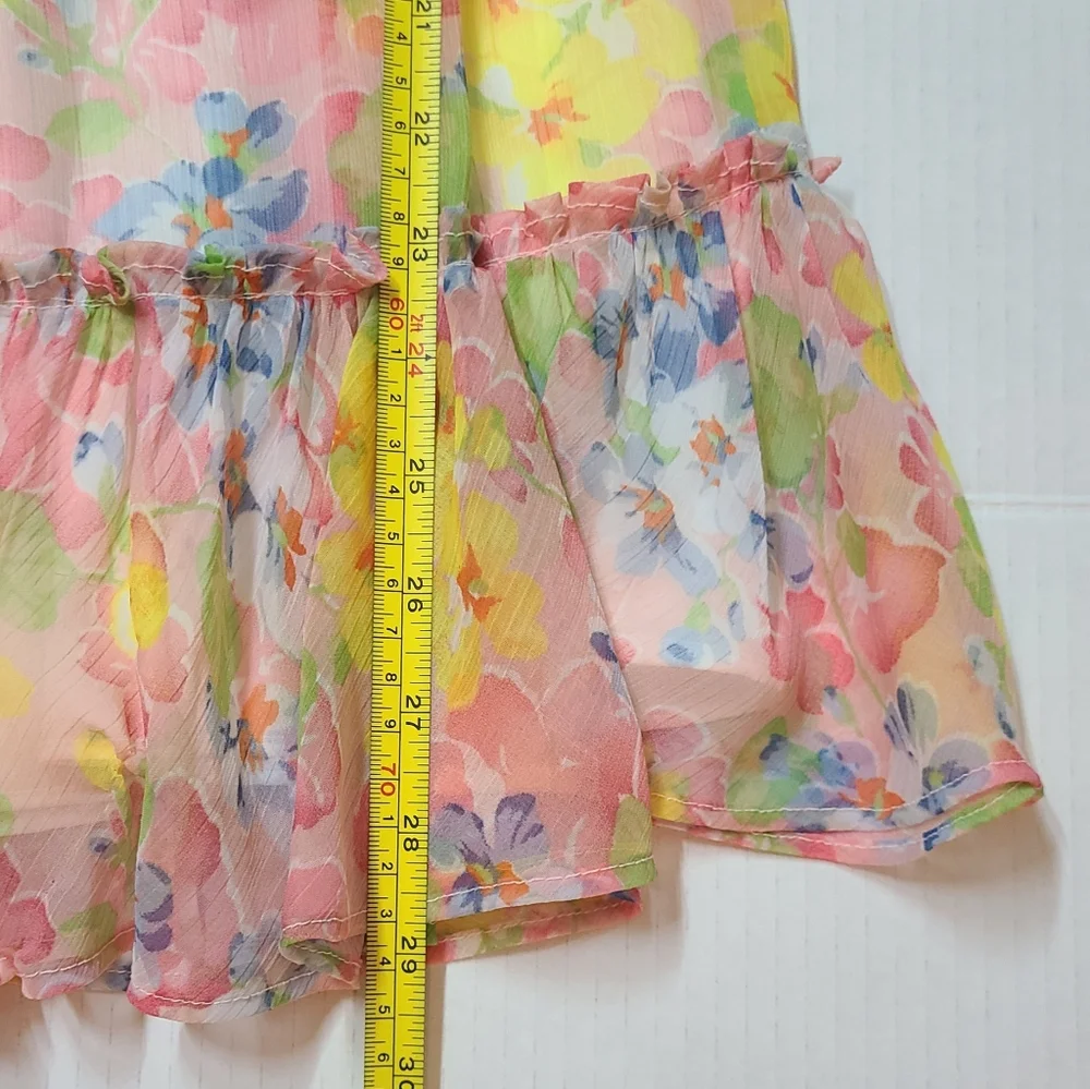 Ralph Lauren Girls Pink Yellow Floral Short Sleeve Ruffled Chiffon Dress Sz 10